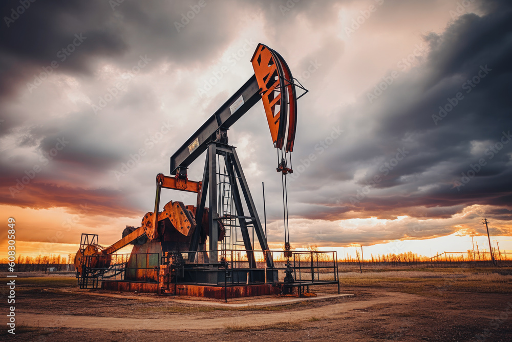 pumping unit drives the reciprocating motion necessary for oil extraction, surrounded by other drilling equipment, Generative AI pumping unit drives the reciprocating motion necessary for oil extraction, surrounded by other drilling equipment, Generative AI