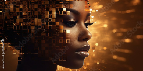 Fashion afroamerikanische Frau Gesicht mit Gold Poster Nahaufnahme, ai generativ