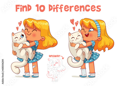 Little girl hugs kitty cat. Find 10 differences. Matching game. Educational game for children. Attention task. Colorful cartoon characters. Funny vector illustration. Isolated on white background