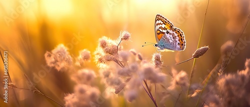 Golden butterfly glows in the sun at sunset, macro. Wild grass on a meadow in the summer in the rays of the golden sun. Romantic gentle artistic image of living wildlife