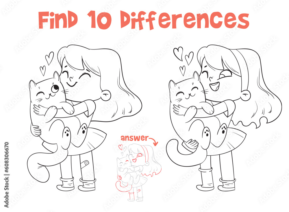 Little girl hugs cat. Find 10 differences. Matching game. Educational game for children. Attention task. Cartoon characters. Funny vector illustration. Isolated on white background. Coloring book Little girl hugs cat. Find 10 differences. Matching game. Educational game for children. Attention task. Cartoon characters. Funny vector illustration. Isolated on white background. Coloring book