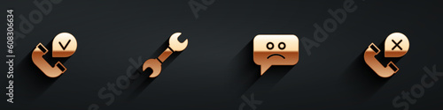 Set Telephone handset, Wrench spanner, Sad smile and Declined or missed call icon with long shadow. Vector