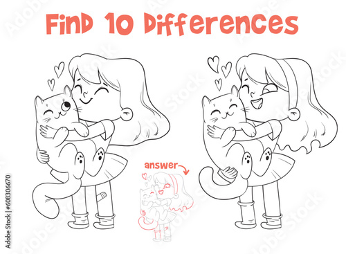 Little girl hugs cat. Find 10 differences. Matching game. Educational game for children. Attention task. Cartoon characters. Funny vector illustration. Isolated on white background. Coloring book