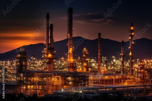 illuminated oil refinery factory works at night time, Generative AI