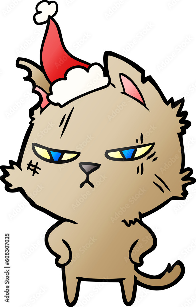 tough hand drawn gradient cartoon of a cat wearing santa hat