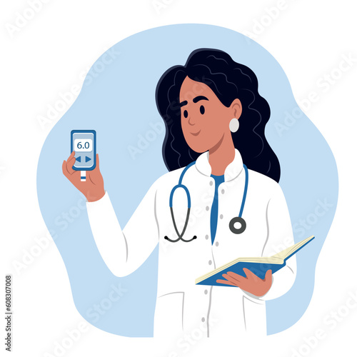 World Diabetes Day. A young smiling female doctor holds a glucometer in his hands for measuring sugar.