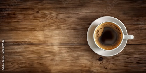 Minimalistic Workspace. White Coffee Cup on Top view Wooden Table