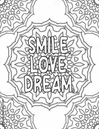 Printable mandala coloring page for adults and kids with positive vibes words for self-care