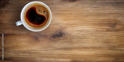 Minimalistic Workspace. White Coffee Cup on Top view Wooden Table