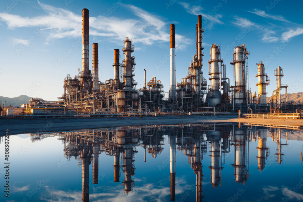 oil refinery factory converts crude oil into valuable petrochemicals on the outskirts of an urban area.Sunny with clear blue skies. Midday, Generative AI oil refinery factory converts crude oil into valuable petrochemicals on the outskirts of an urban area.Sunny with clear blue skies. Midday, Generative AI