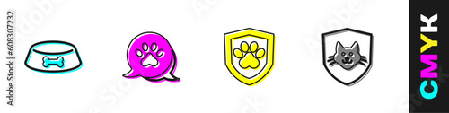 Set Pet food bowl for cat or dog, Paw print, Animal health insurance and icon. Vector