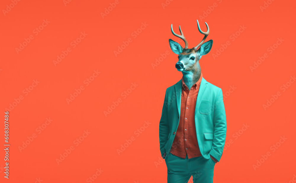 Portrait of Reindeer who looks like a man. An illustration of an animal dressed green suit, with big horns that is a symbol of Christmas. Vivid red background. Generated AI. Portrait of Reindeer who looks like a man. An illustration of an animal dressed green suit, with big horns that is a symbol of Christmas. Vivid red background. Generated AI.