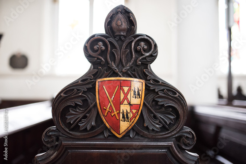 Coat of arms, decoration of the bench in St Michaels church in London, Unitet Kingdom. 