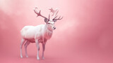 An illustration of an animal with big horns that is a symbol of Christmas. White reindeer against pastel pink background. Copy space. Generated AI.