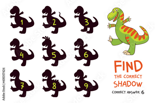 Find the correct shadow. Velociraptor. Educational game for children. Choose correct answer. Matching game. Colorful cartoon characters. Funny vector illustration. Isolated on white background