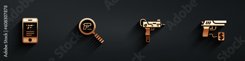 Set Shop weapon in mobile app, Pistol or gun search, UZI submachine and Buying pistol icon with long shadow. Vector