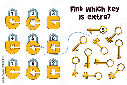 Find which key is extra. Matching game. Educational game for children. Attention task. Find the correct shadow. Choose correct answer. Find the missing piece of picture. Isolated on white background
