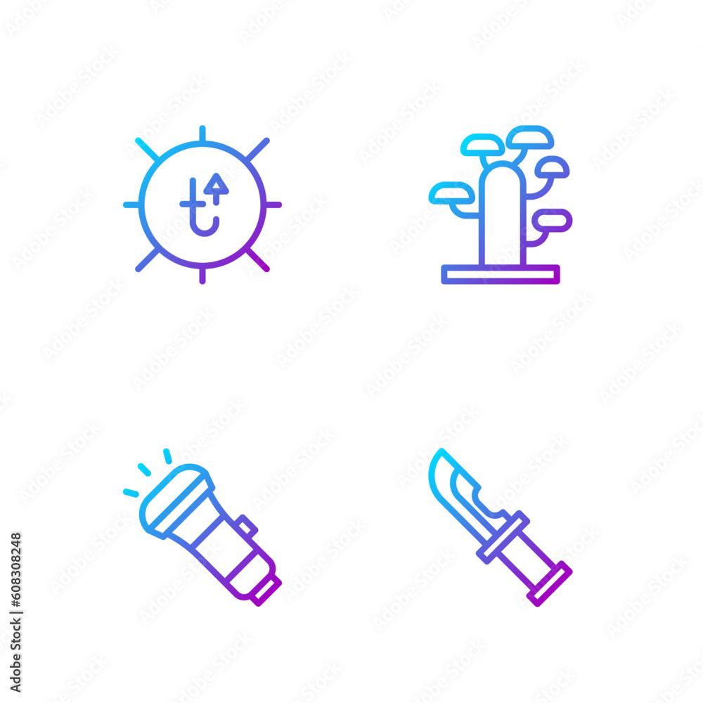 Set line Hunter knife, Flashlight, Sun and African tree. Gradient color icons. Vector Set line Hunter knife, Flashlight, Sun and African tree. Gradient color icons. Vector