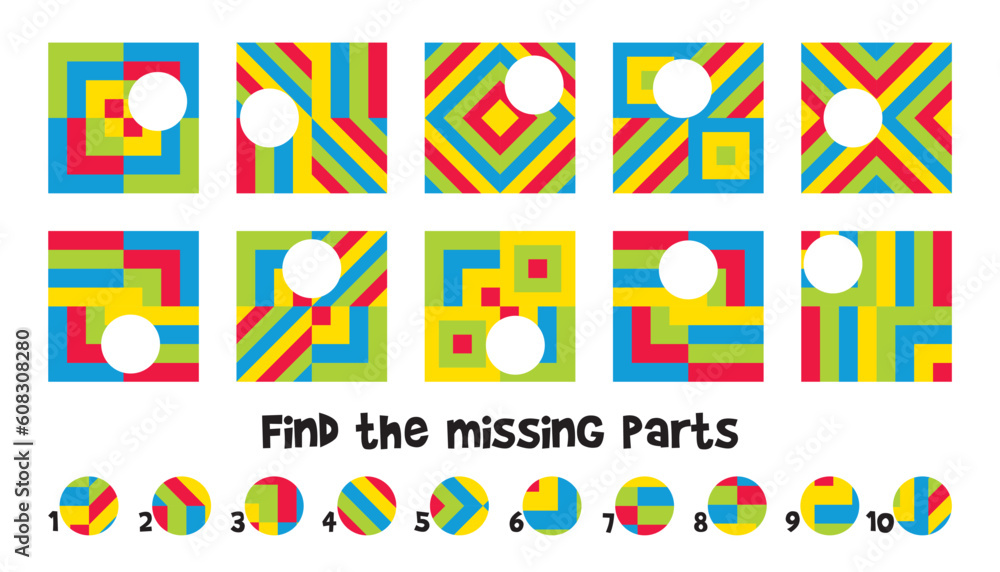 Find the missing parts. Matching game. Educational game for children. Attention task. Choose correct answer. Find the missing piece of the picture. Vector illustration. Isolated on white background