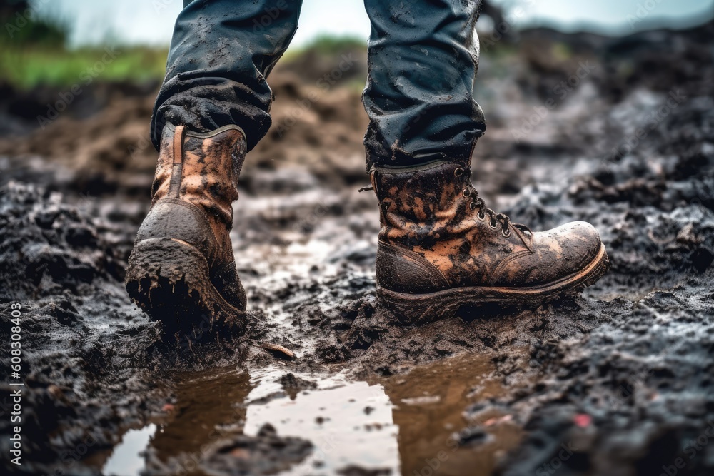 close-up of a worker's boots as they trek through the muddy terrain of an oil drilling site, Generative AI close-up of a worker's boots as they trek through the muddy terrain of an oil drilling site, Generative AI