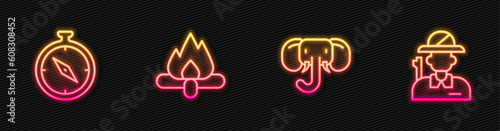Set line Elephant, Compass, Campfire and Hunter. Glowing neon icon. Vector