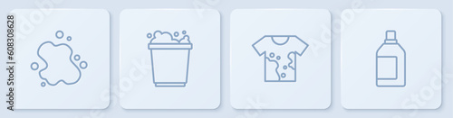 Set line Water spill, Dirty t-shirt, Bucket with foam and Bottle for cleaning agent. White square button. Vector