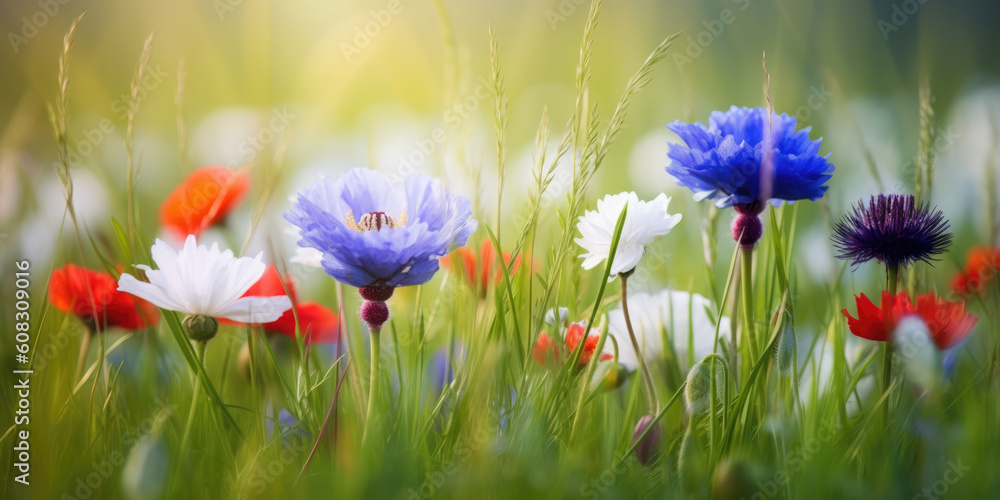 Blue Cornflower Flowers, White Chamomile Flowers and red wildflowers in green grass on a summer medow. Beautiful wildflowers background. Generative ai illustration