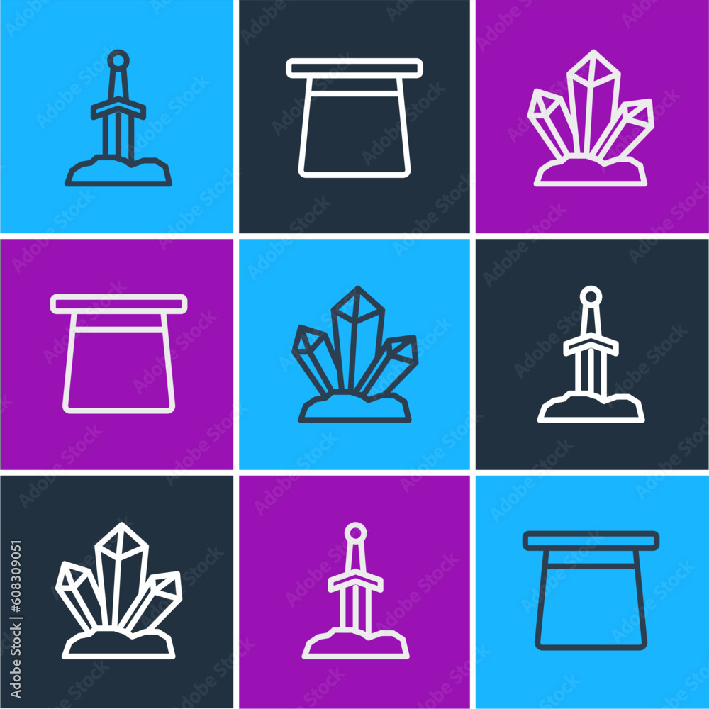 Set line Sword in the stone, Magic and hat icon. Vector Set line Sword in the stone, Magic and hat icon. Vector