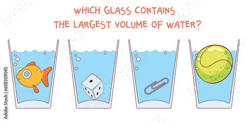 Which glass contains the largest volume of water. Educational game for children. Choose correct answer. Logic game. Cartoon characters. Funny vector illustration. Isolated on white background