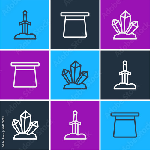 Set line Sword in the stone, Magic and hat icon. Vector