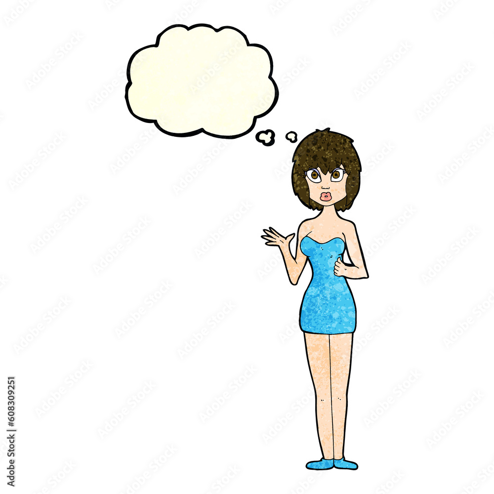 cartoon confused woman in cocktail dress with thought bubble cartoon confused woman in cocktail dress with thought bubble