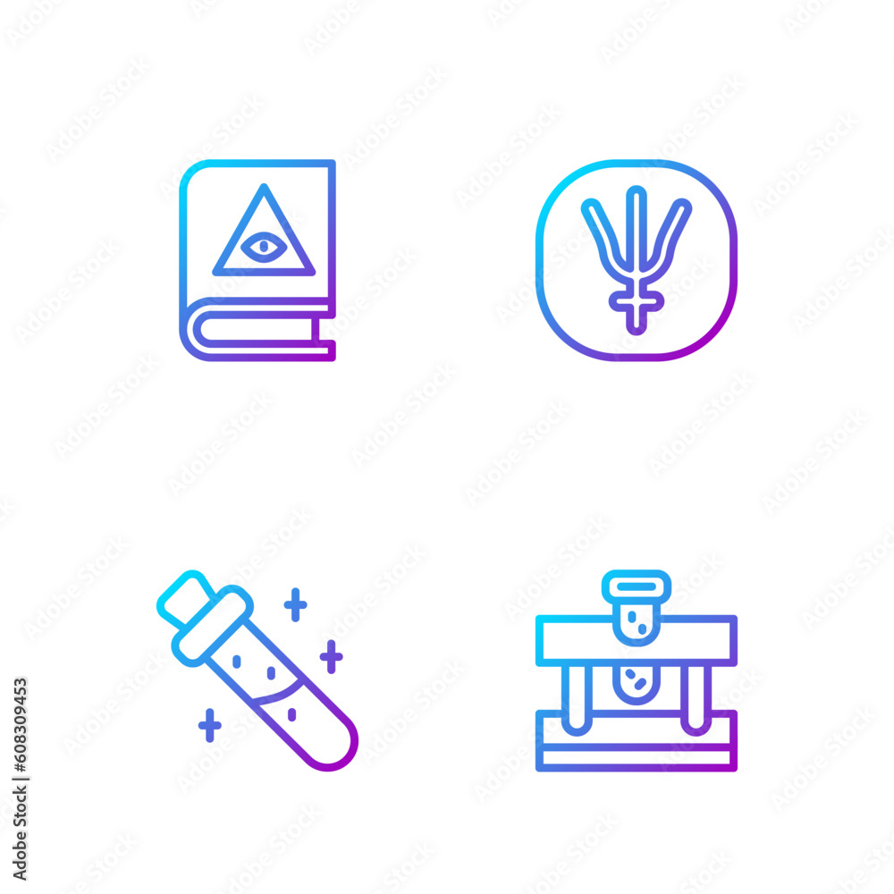 Set line Bottle with potion, , Ancient magic book and Neptune planet. Gradient color icons. Vector Set line Bottle with potion, , Ancient magic book and Neptune planet. Gradient color icons. Vector