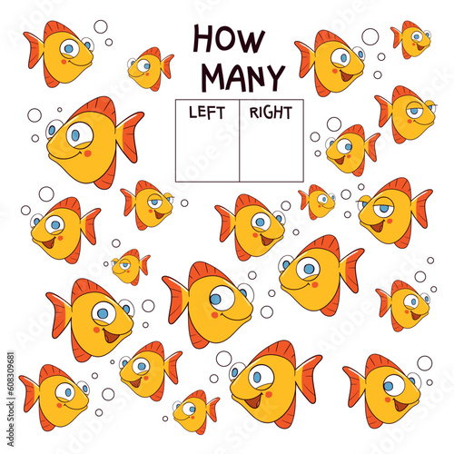 How many fish swim left and right. Matching game. Educational game for children. Attention task. Colorful cartoon characters. Funny vector illustration. Isolated on white background