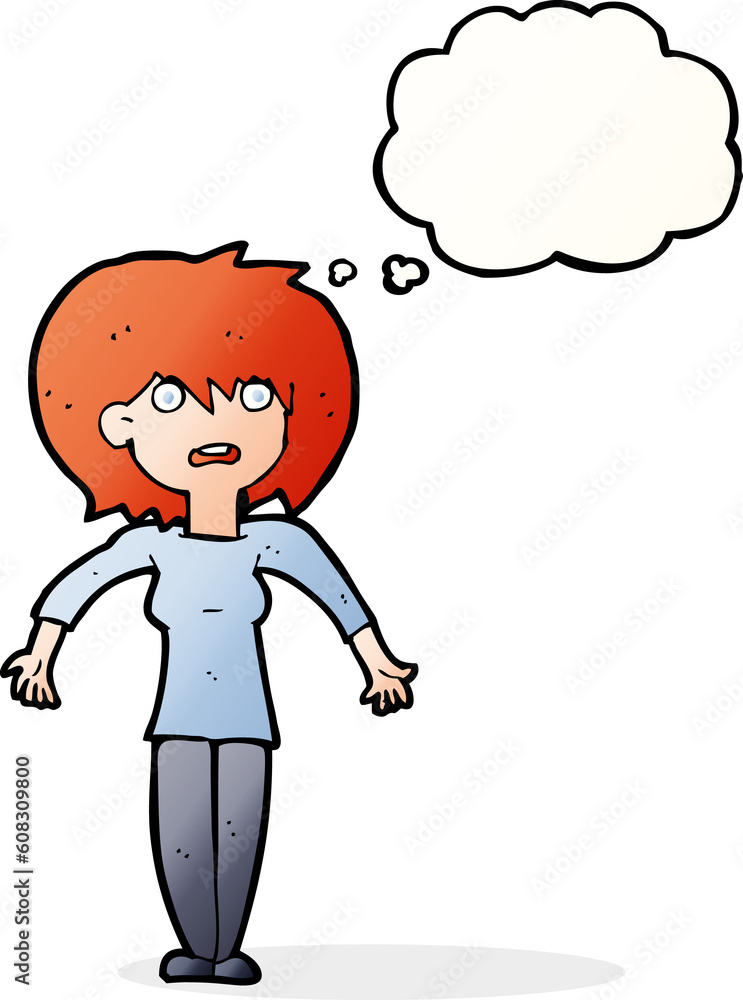 cartoon woman shrugging shoulders with thought bubble cartoon woman shrugging shoulders with thought bubble