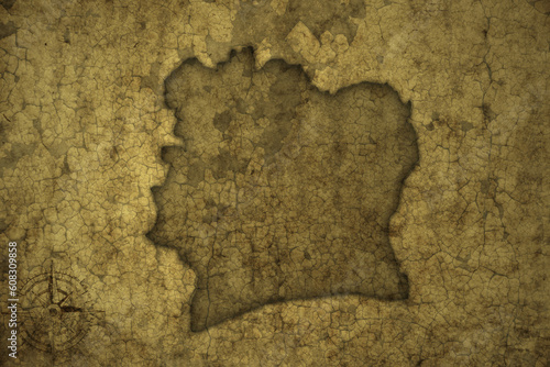 map of cote divoire on a old vintage crack paper background .