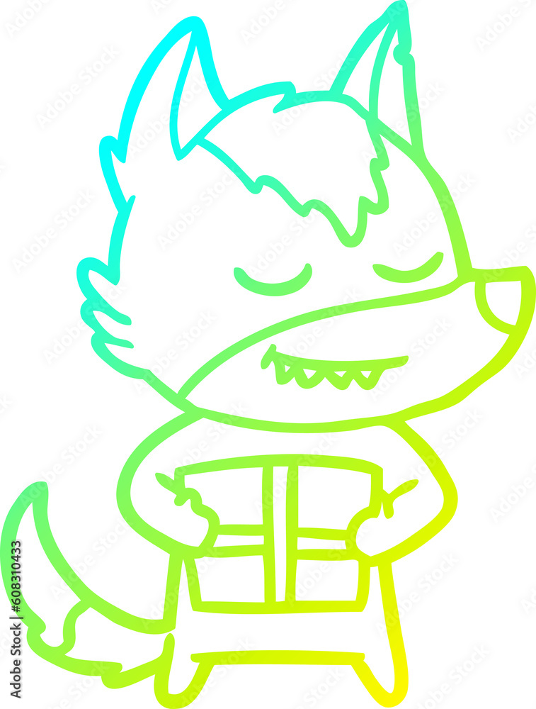 cold gradient line drawing of a friendly cartoon wolf carrying christmas present cold gradient line drawing of a friendly cartoon wolf carrying christmas present