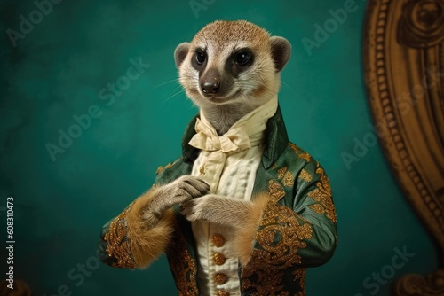 Graceful elegant meerkat in ballroom attire holding pasa doble pose against green jade background, Generative AI
