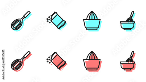 Set line Citrus fruit juicer, Kitchen whisk, Packet of pepper and with bowl icon. Vector