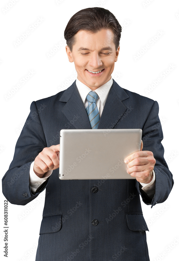 Business man architect standing in a business suit and working on digital table Business man architect standing in a business suit and working on digital table