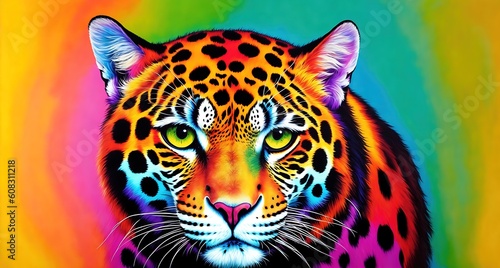 Digital illustration of a magical jaguar with three eyes and colorful fur on a multi-colored background - created with Generative AI