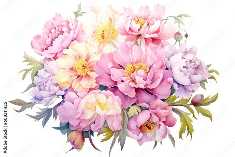 Pastel Peony watercolor painting of a stunning bouquet. Generative AI