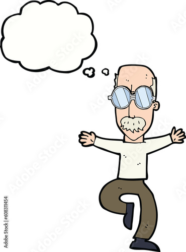 cartoon old man wearing big glasses with thought bubble