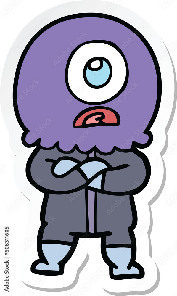Fototapeta premium sticker of a annoyed cartoon cyclops alien spaceman
