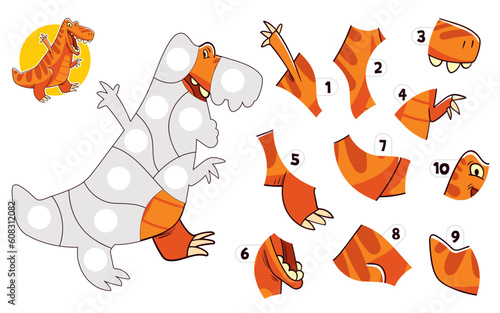 Jigsaw puzzle games. Puzzle with dinosaur. Tyrannosaurus. Matching game. Educational game for children. Attention task. Choose correct answer. Find the missing piece of the picture. Cartoon character