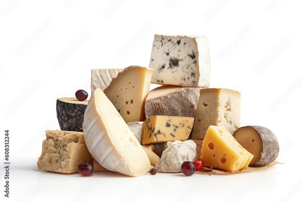 Fototapeta premium variety of different types of cheeses stacked isolated on white background. Ai generative