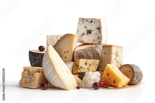 variety of different types of cheeses stacked isolated on white background. Ai generative photo