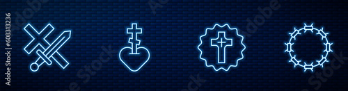 Set line Christian cross, Crusade, Religious in heart and Crown of thorns. Glowing neon icon on brick wall. Vector