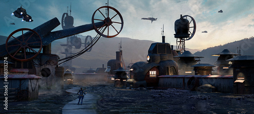 Photos digital 3d illustraiton of a whimsical junkyard tech environment - fantasy sci-f