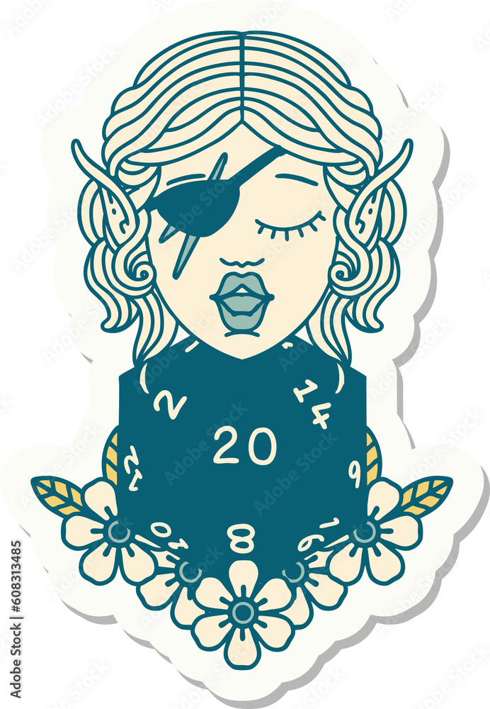 sticker of a elf rogue character with natural twenty dice roll sticker of a elf rogue character with natural twenty dice roll