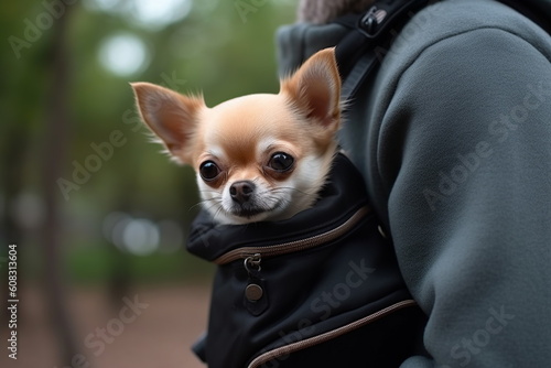 Cute little chihuahua dog carried in backpack by traveling owner, generative, ai